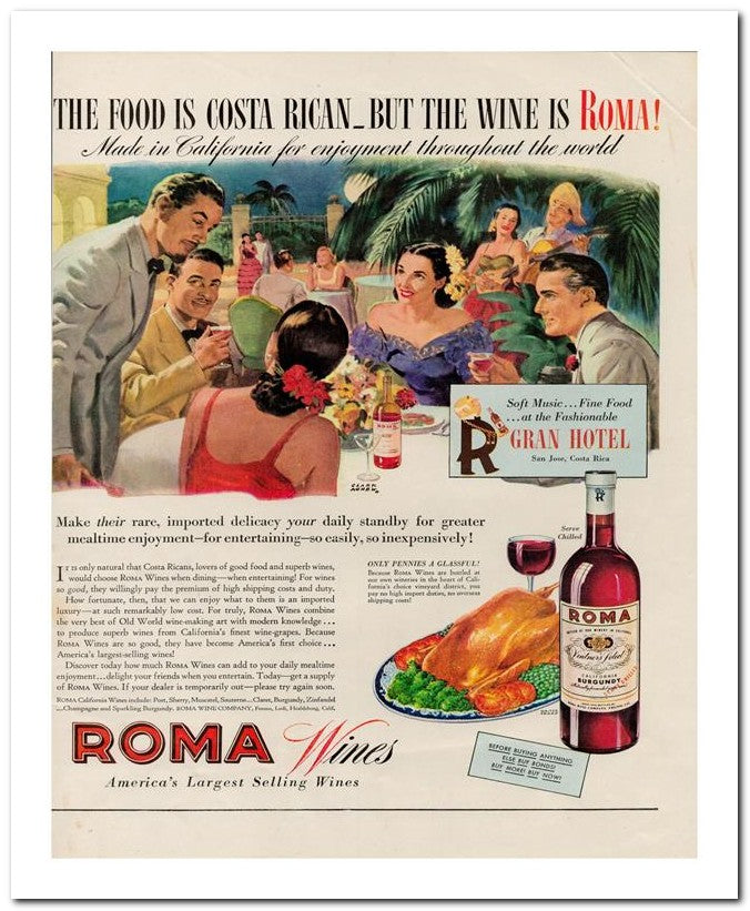 8x10 Vintage Ad 1944 The Food Is Costa Rican But The Wine Is Rom 02062500253