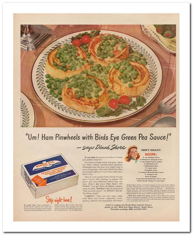 8x10 Vintage Ad 1945 Um Ham Pinwheels With Birds Eye Green Pea S 02062500594