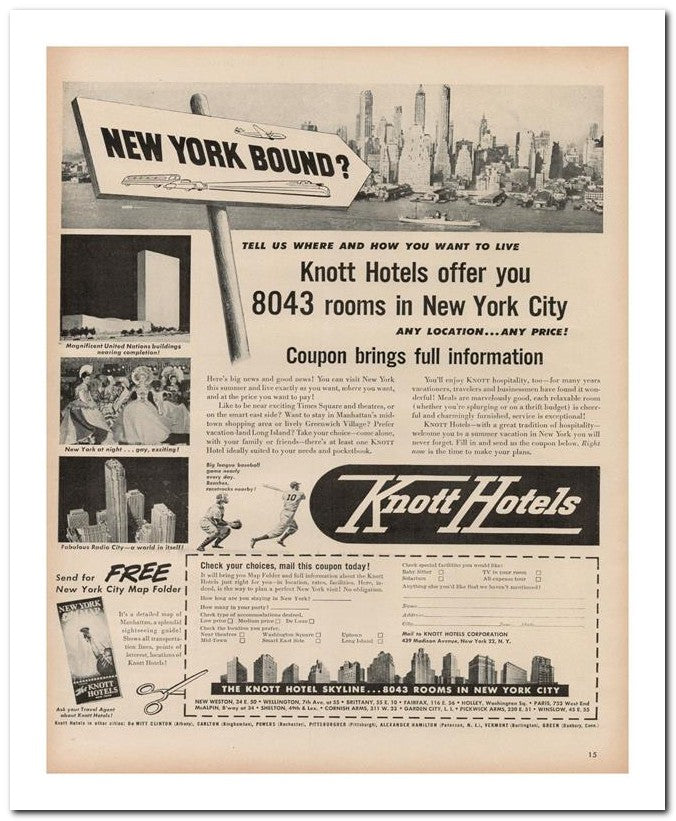 8x10 Vintage Ad 1950 Knott Hotels 02062501169