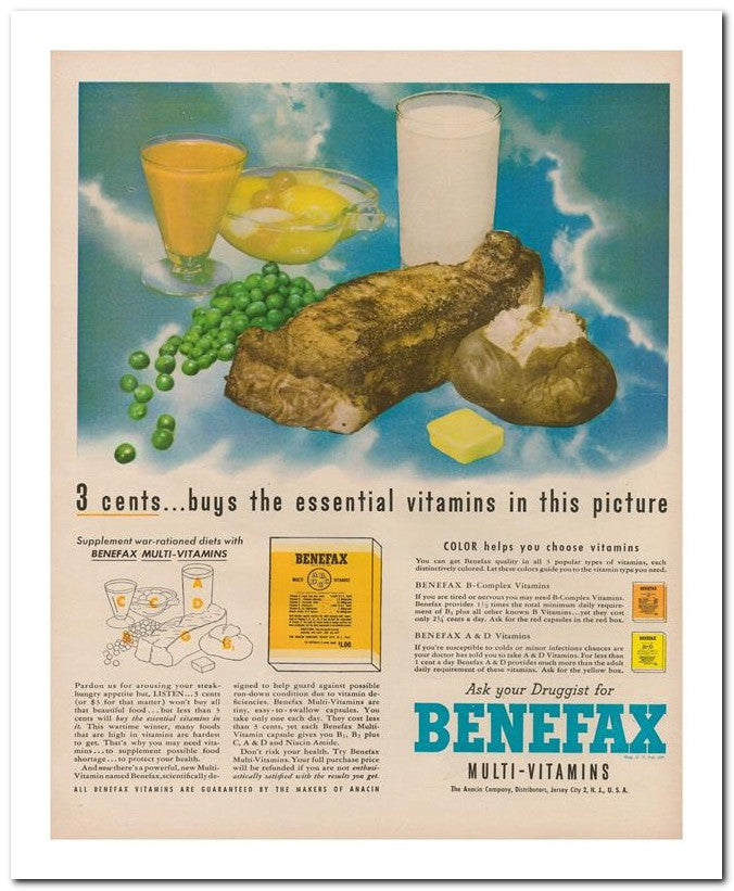 8x10 Vintage Ad 1944 3 Cents Buys The Essential Vitamins In This 02062502686