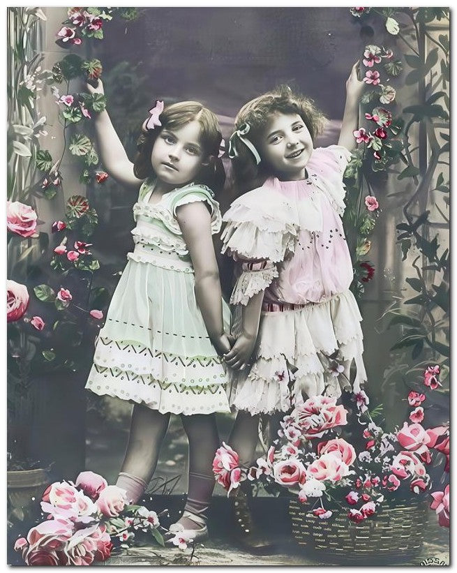 Belle Epoque Children 1910 2 Girls Roses 8x10 Photo Print 23052500325