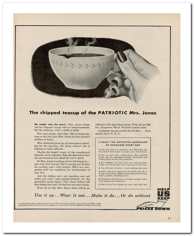 8x10 Vintage Ad 1944 The Chipped Teacup Of The Patriotic Mrs Jon 02062500150