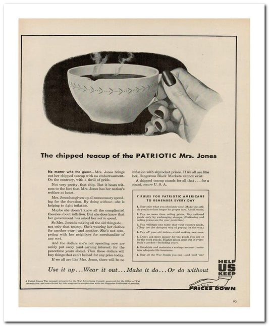 8x10 Vintage Ad 1944 The Chipped Teacup Of The Patriotic Mrs Jon 02062500150