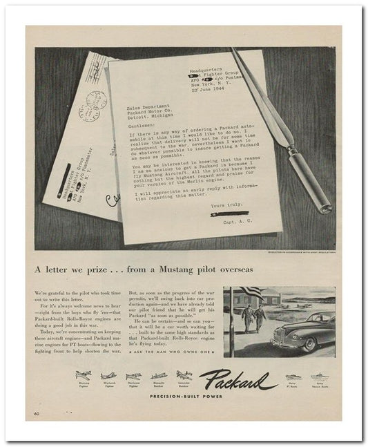 8x10 Vintage Ad 1944 A Letter We Prize From A Mustang Pilot Over 02062500423
