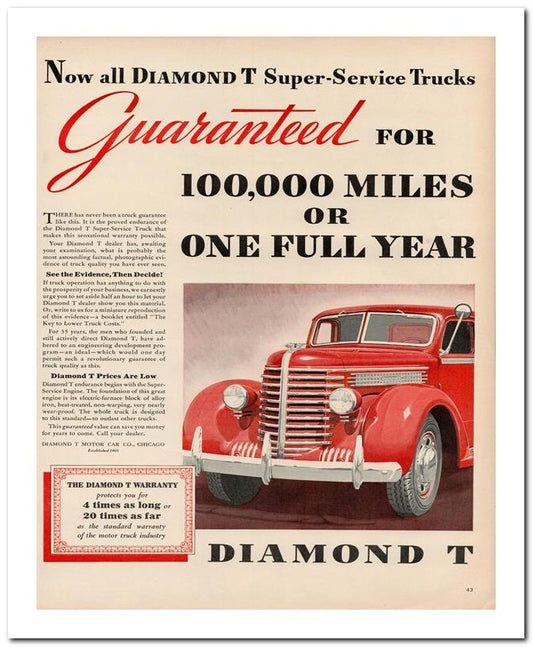 8x10 Vintage Ad 1939 Diamond T Guaranteed 02062500596