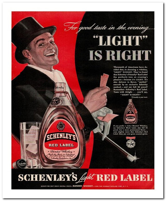 8x10 Vintage Ad 1939 Schenley's Light Red Label 02062501355