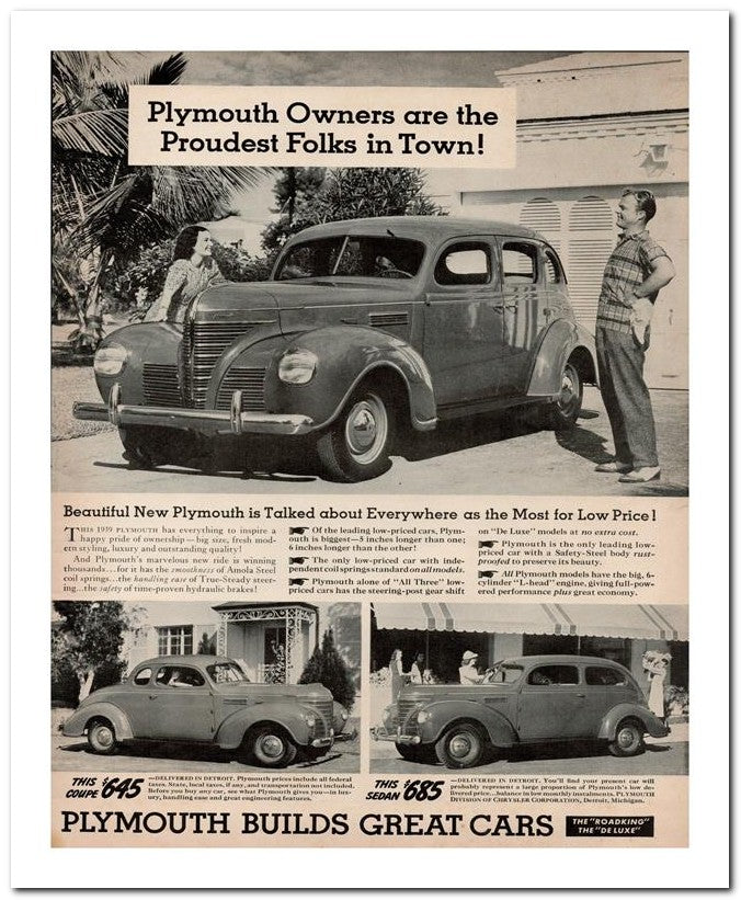 8x10 Vintage Ad 1939 Plymouth Builds Great Cars 02062502103