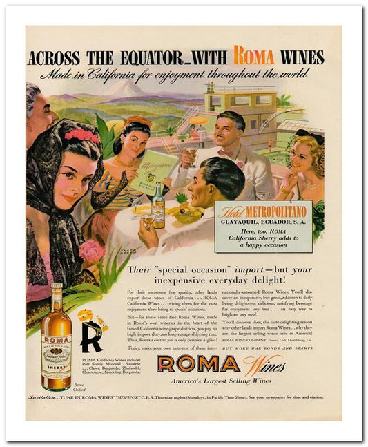 8x10 Vintage Ad 1944 Across The Equator With Roma Wines 02062503242