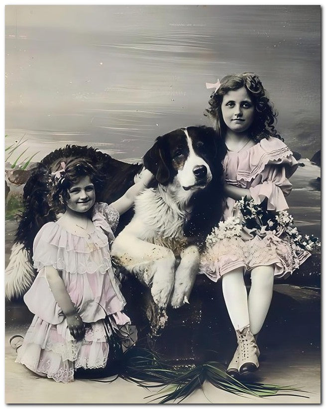 Belle Epoque Children 1908 1 Dog 2 Girls 8x10 Photo Print 23052500187