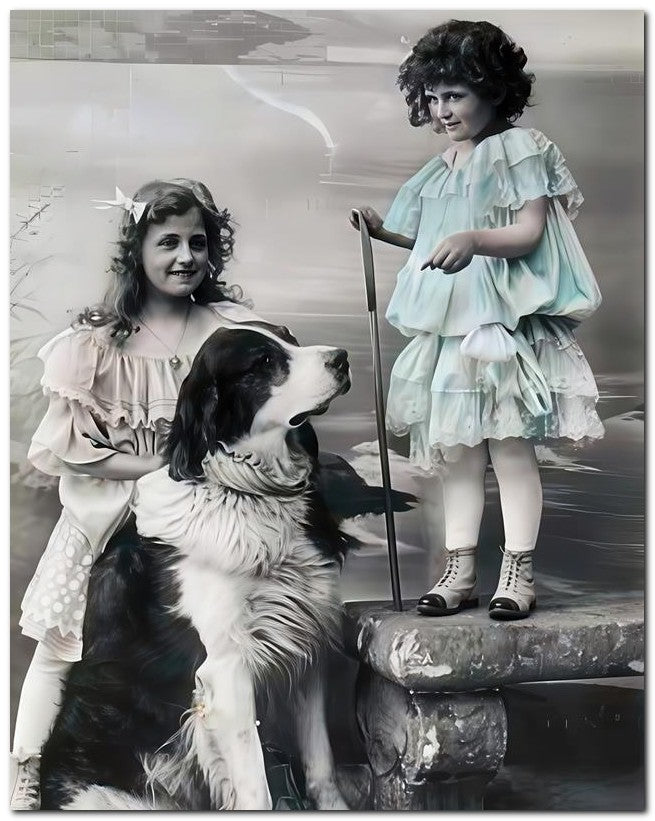 Belle Epoque Children 1910 2 Girls Dog 8x10 Photo Print 23052500324