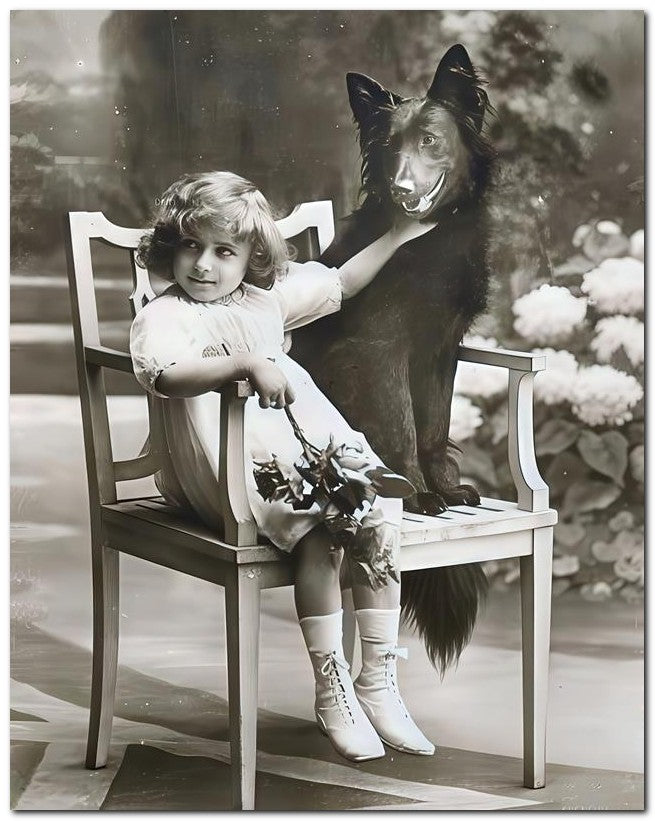 Belle Epoque Children 1910 Sepia Girl Dog 8x10 Photo Print 23052500941